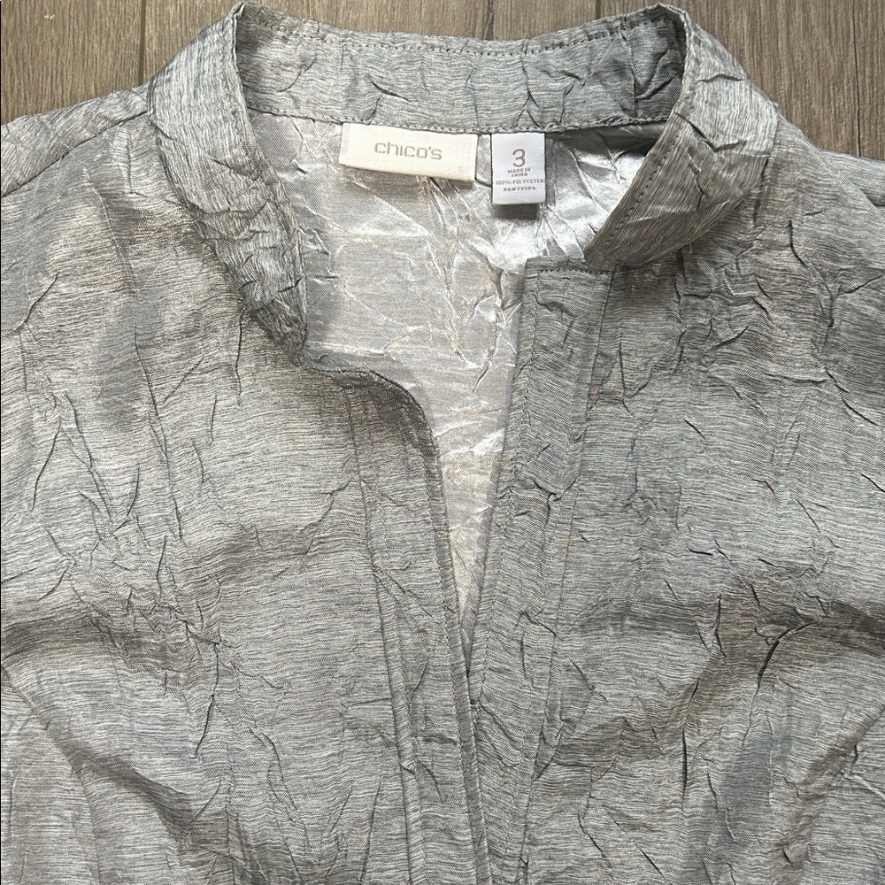 Chico's Metallic Textured Open Front Jacket Size 3 XL/16 Silver Party Office